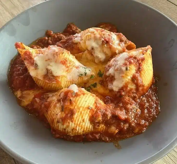 Plate of delicious stuffed shells with cheese and tomato sauce