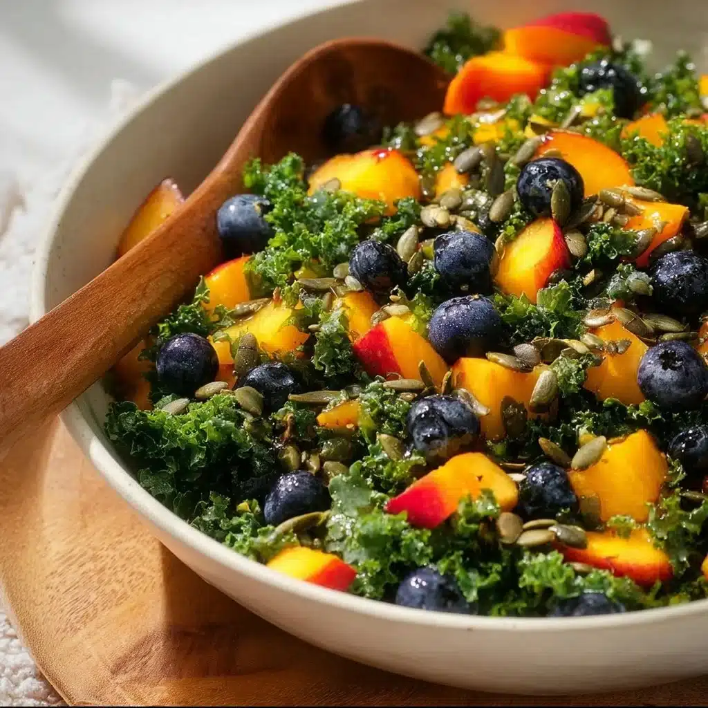Summer kale salad with peaches and blueberries
