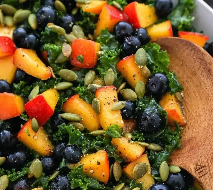 Summer Kale Salad with Peaches and Blueberries