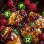 Sweet and spicy jalapeno raspberry chicken served on a plate.