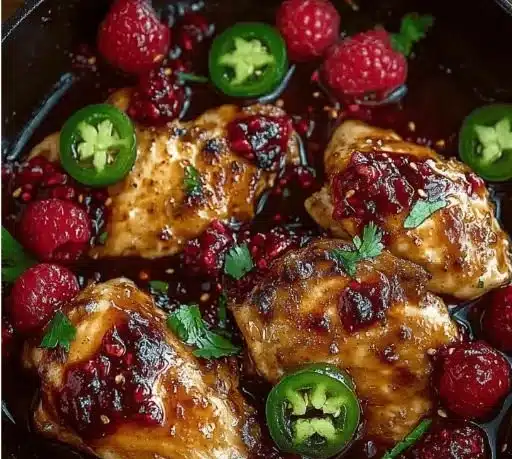 Sweet and spicy jalapeno raspberry chicken served on a plate.