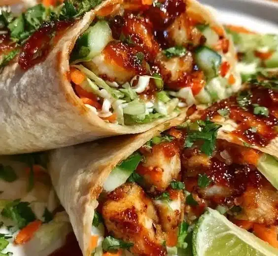 Sweet chili chicken wraps with fresh ingredients and vibrant colors