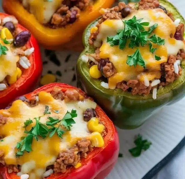 Colorful taco stuffed peppers filled with seasoned meat, cheese, and veggies.