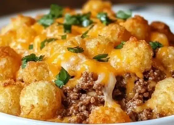 Tater tot casserole with ground beef topped with cheese and crispy tater tots
