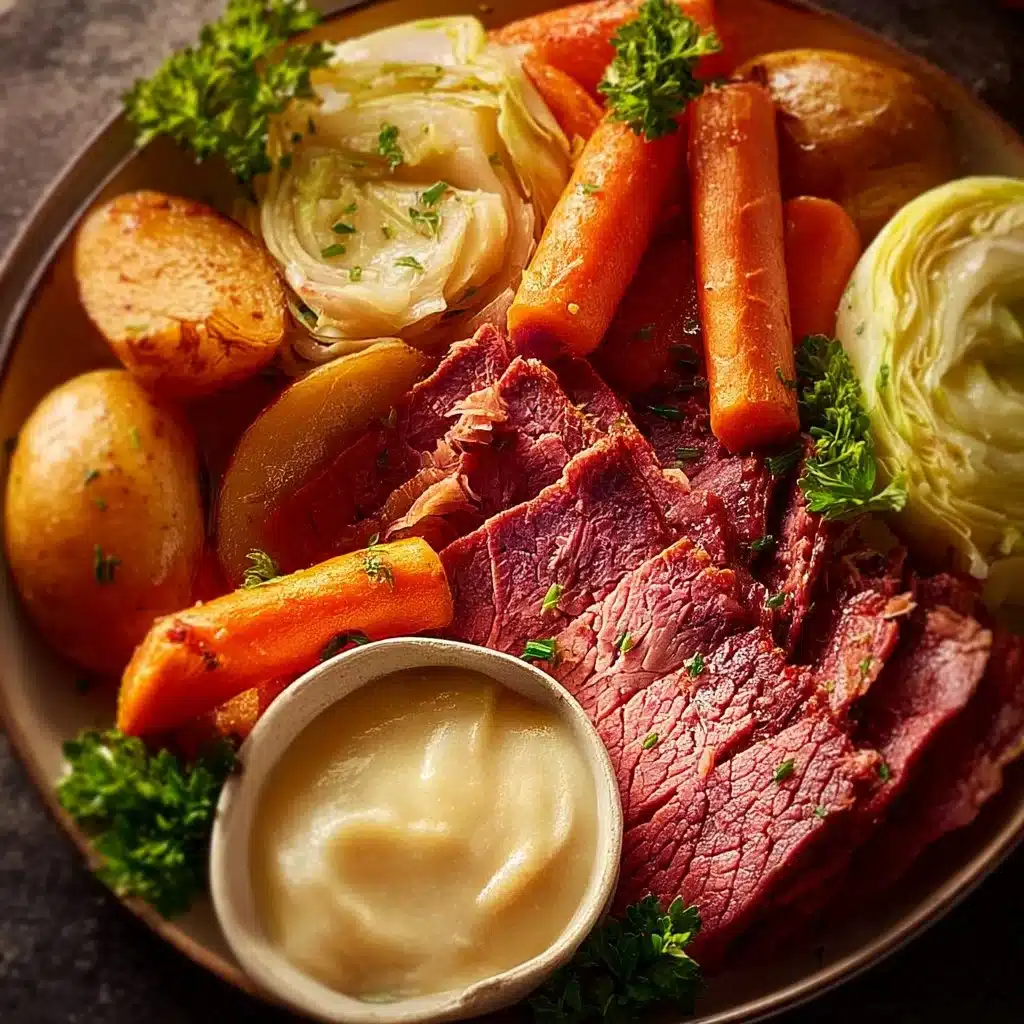Delicious plate of tender corned beef and cabbage with zesty horseradish sauce