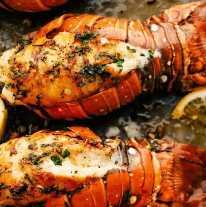 Decadent lobster tail recipe with large lobster tails smothered in butter.