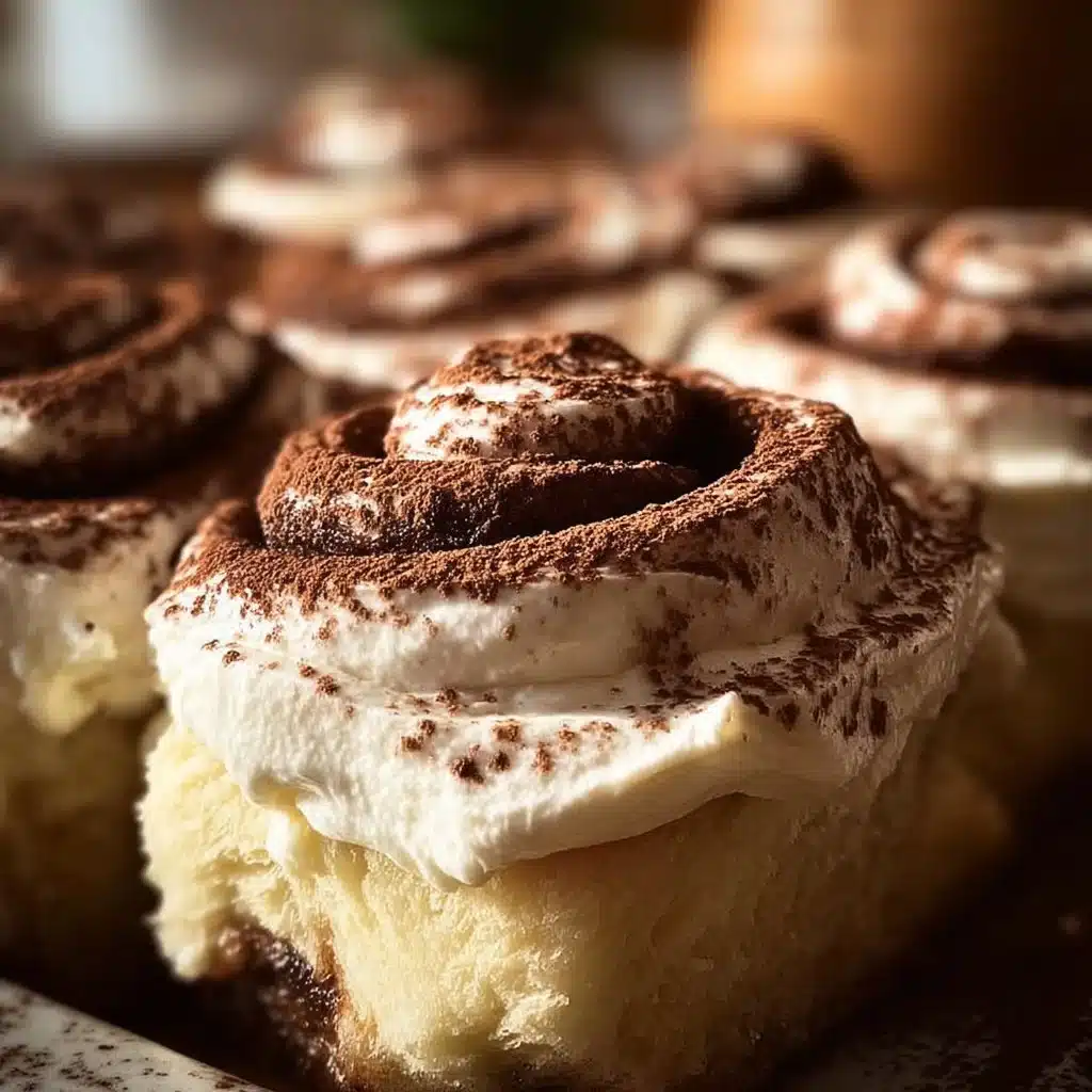Delicious tiramisu cinnamon rolls topped with creamy coffee frosting