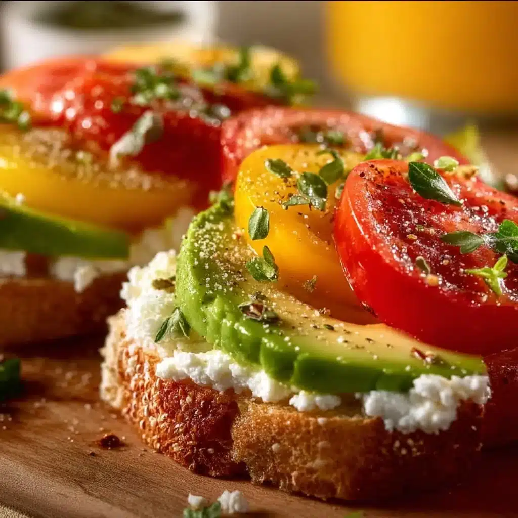 Delicious Tomato and Avocado Toast topped with Cottage Cheese on a wooden table