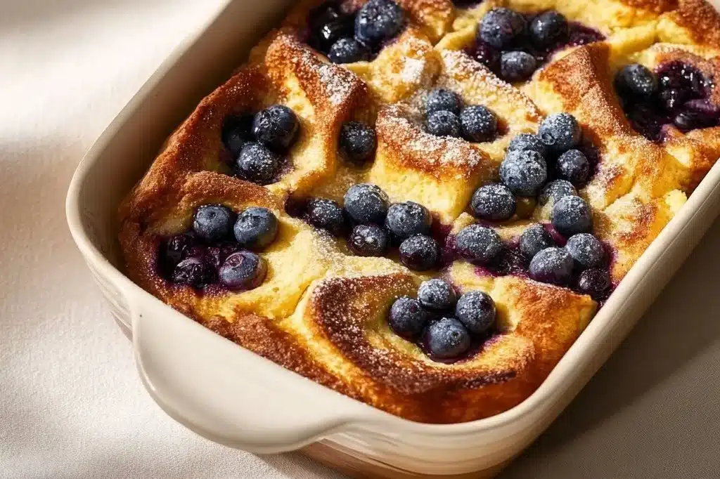 Vegan Blueberry French Toast Casserole topped with fresh blueberries