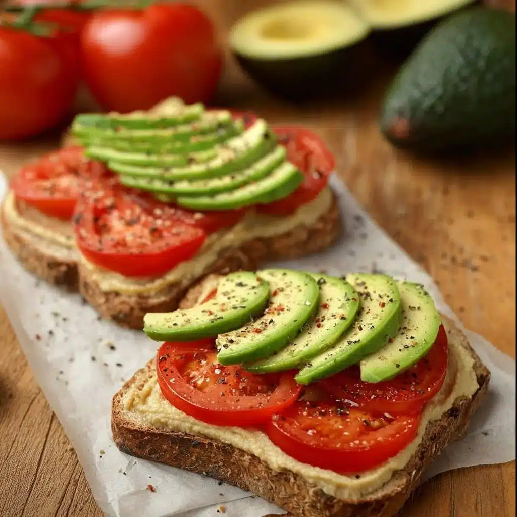 Vegan hummus served with creamy avocado toast on a wooden plate.