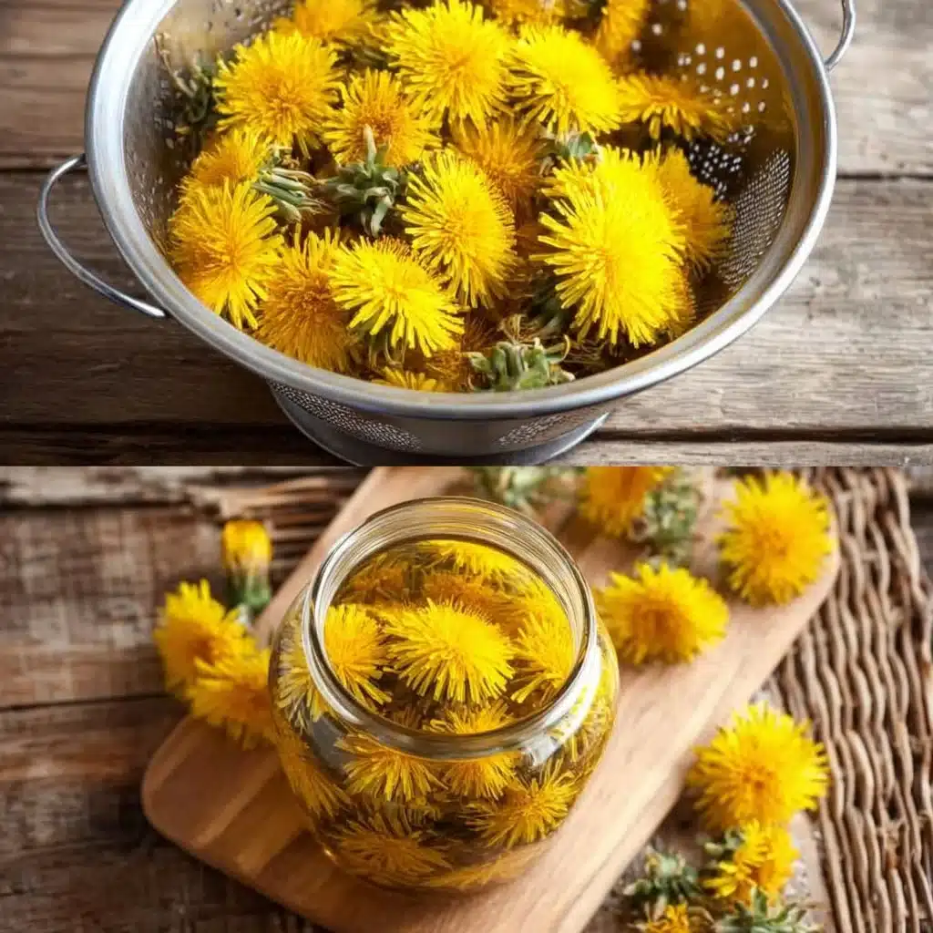 Fresh dandelion flowers picked in a field, showcasing their vibrant yellow petals.