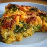 Creamy broccoli quinoa bake in a casserole dish garnished with herbs