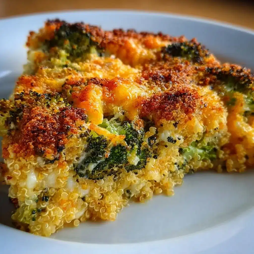 Creamy broccoli quinoa bake in a casserole dish garnished with herbs