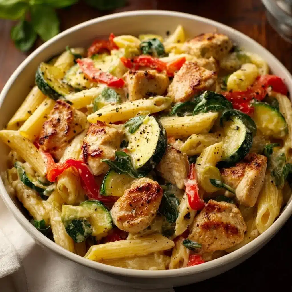 Creamy Chicken Caesar Pasta Salad with fresh ingredients and dressing