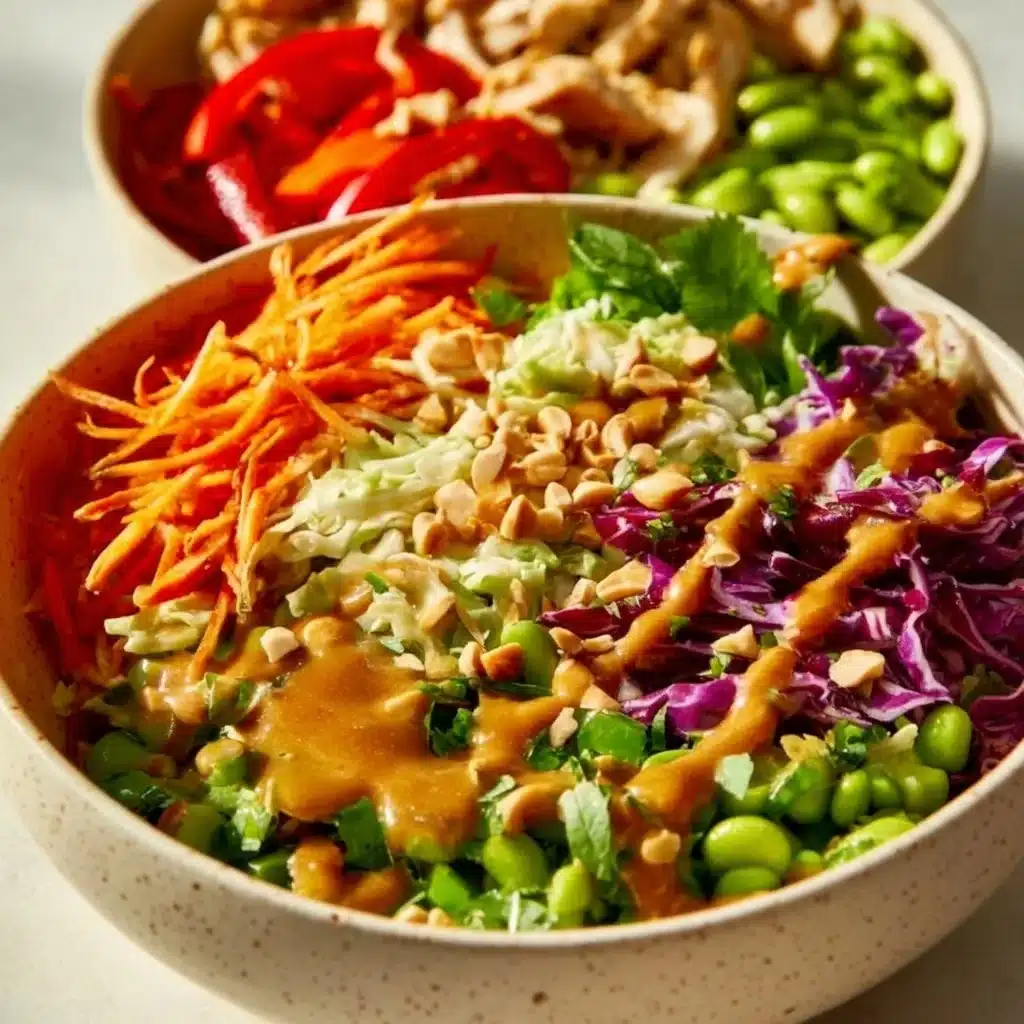 Delicious Asian Chicken Crunch Salad with colorful veggies and grilled chicken.