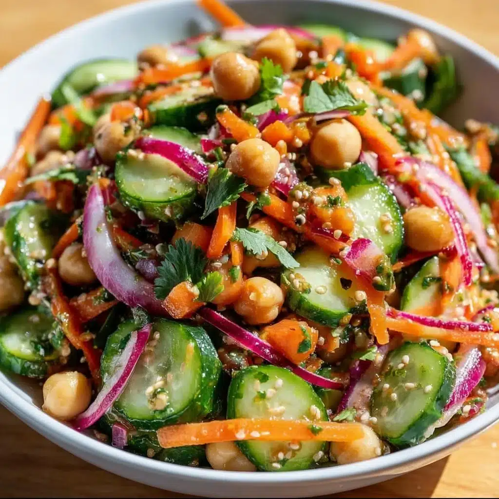 Asian cucumber and chickpea slaw topped with sesame dressing in a bowl.