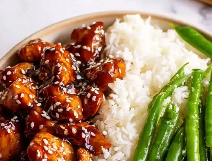 Delicious Asian High Protein Sesame Chicken dish garnished with sesame seeds