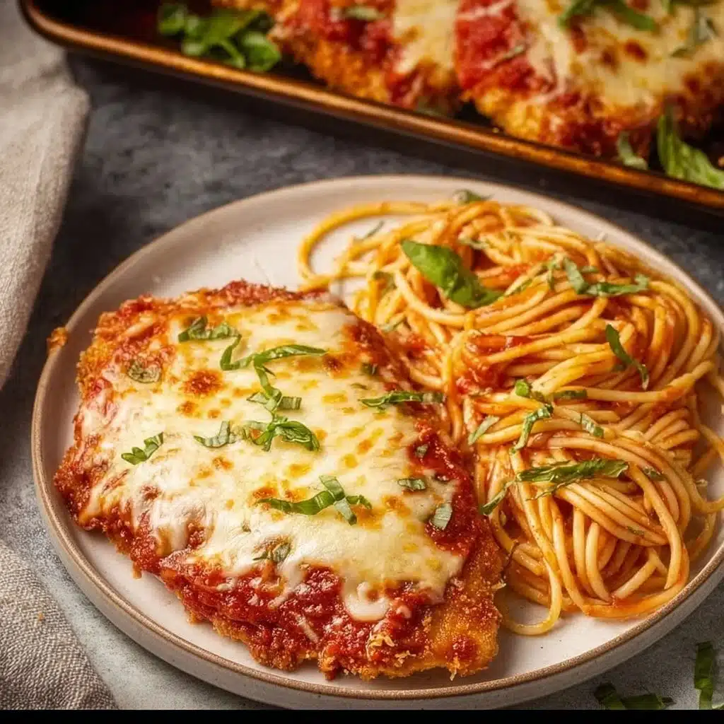 Delicious baked Chicken Parmesan with melted cheese and marinara sauce