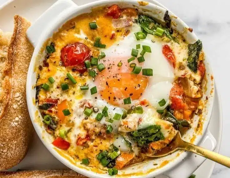 Plate of baked feta eggs with fresh herbs, served for breakfast