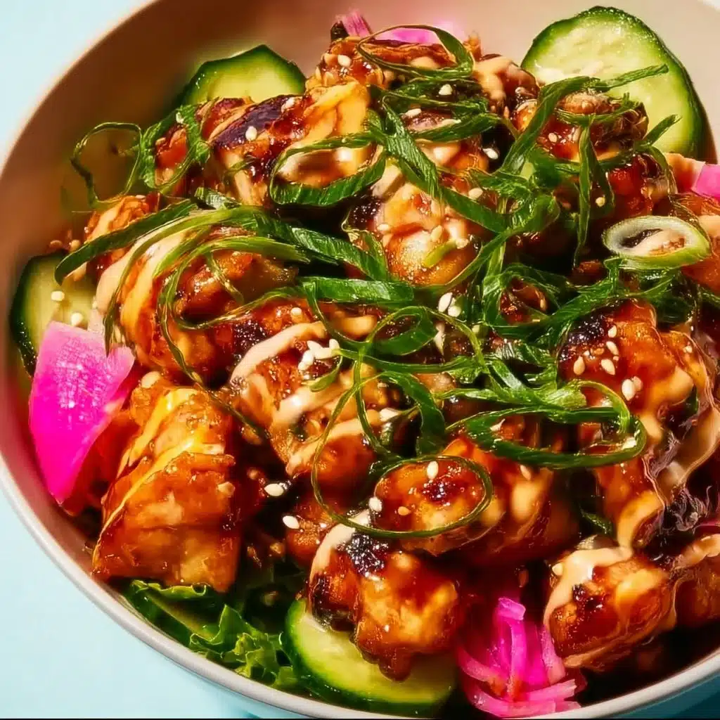 Delicious Bang Bang Chicken Bowl served with vibrant vegetables and spicy sauce
