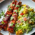 Delicious BBQ chicken skewer salad with fresh vegetables and vibrant dressing