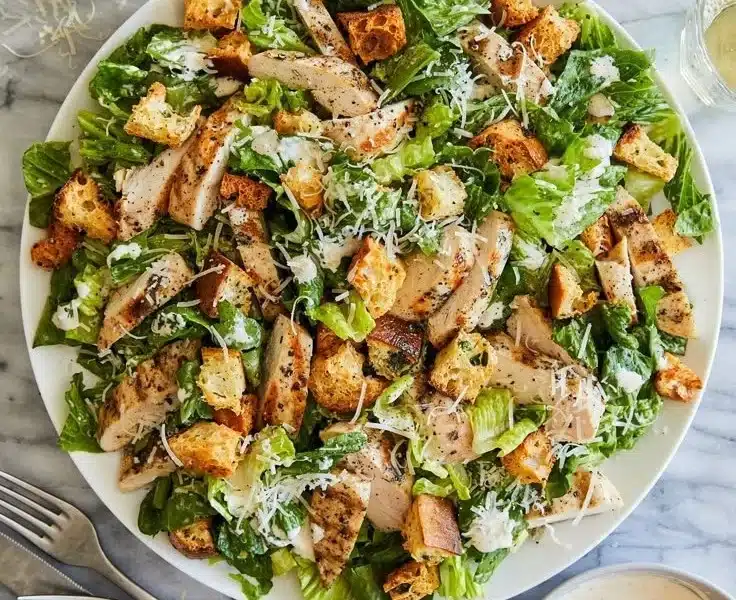 Delicious Chicken Caesar Salad topped with homemade croutons and fresh ingredients.