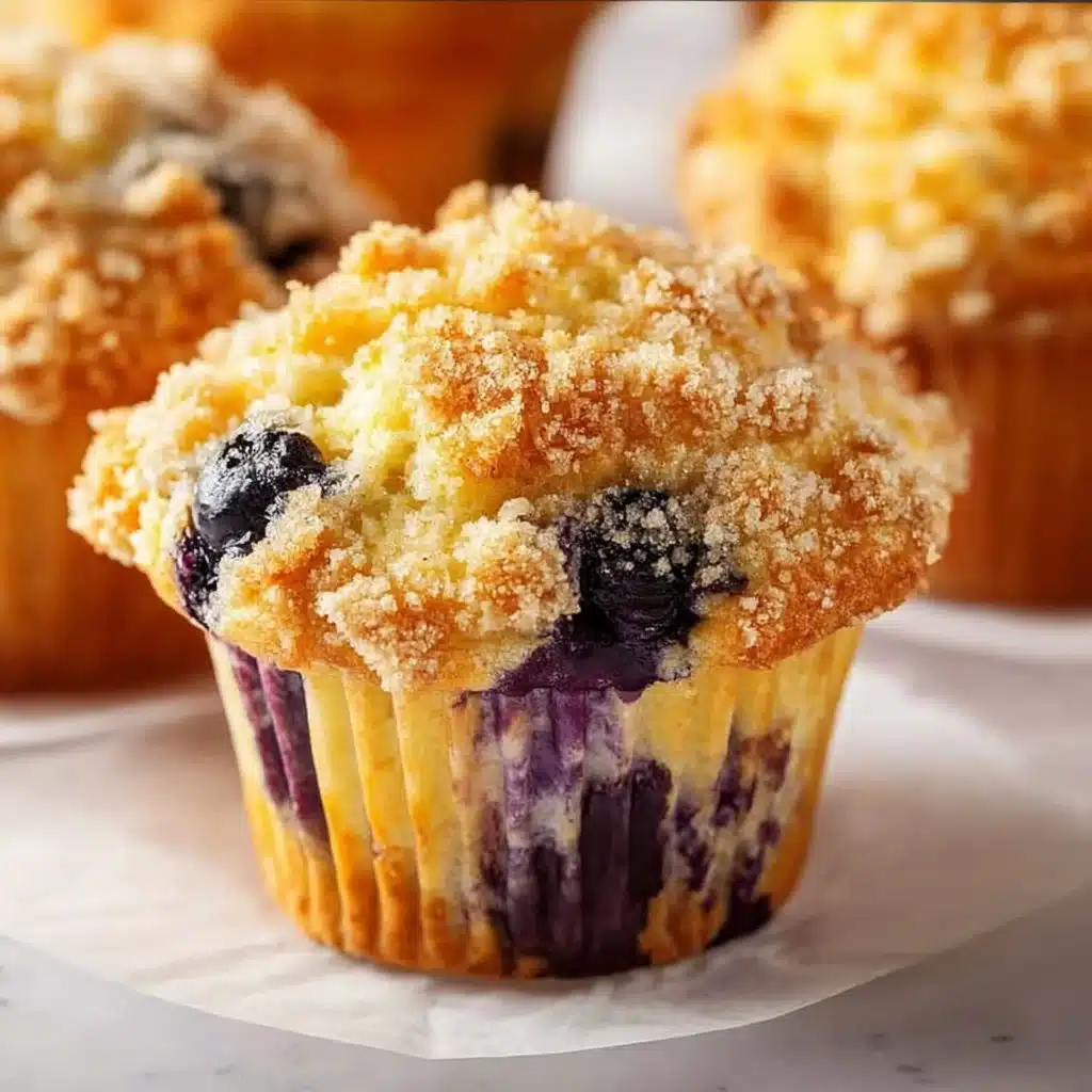 Freshly baked blueberry muffins with a golden brown top and juicy blueberries.