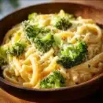 Delicious Broccoli Cheese Pasta served in a bowl with melted cheese on top