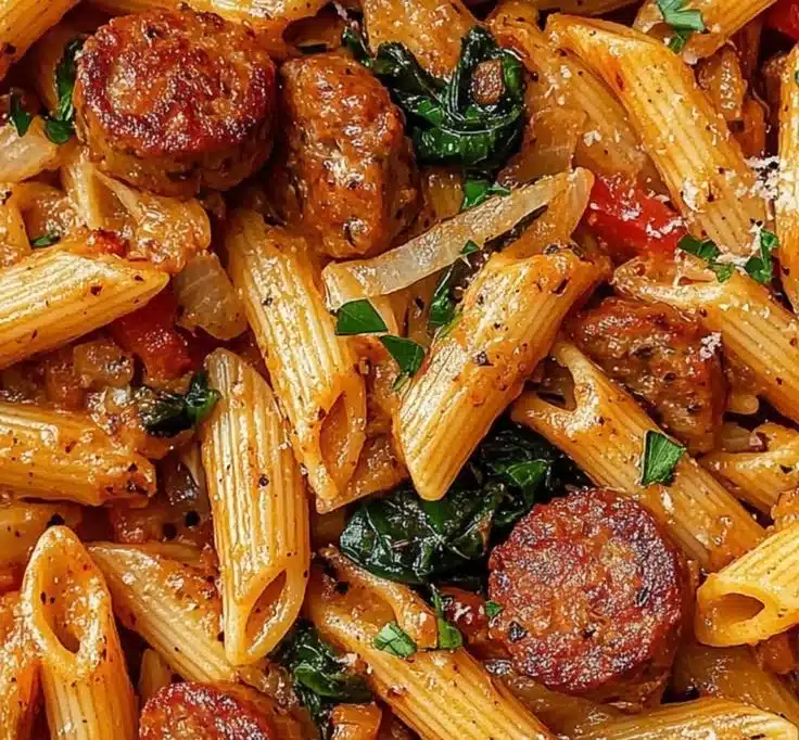 Plate of Cajun Sausage Pasta with colorful peppers and seasonings