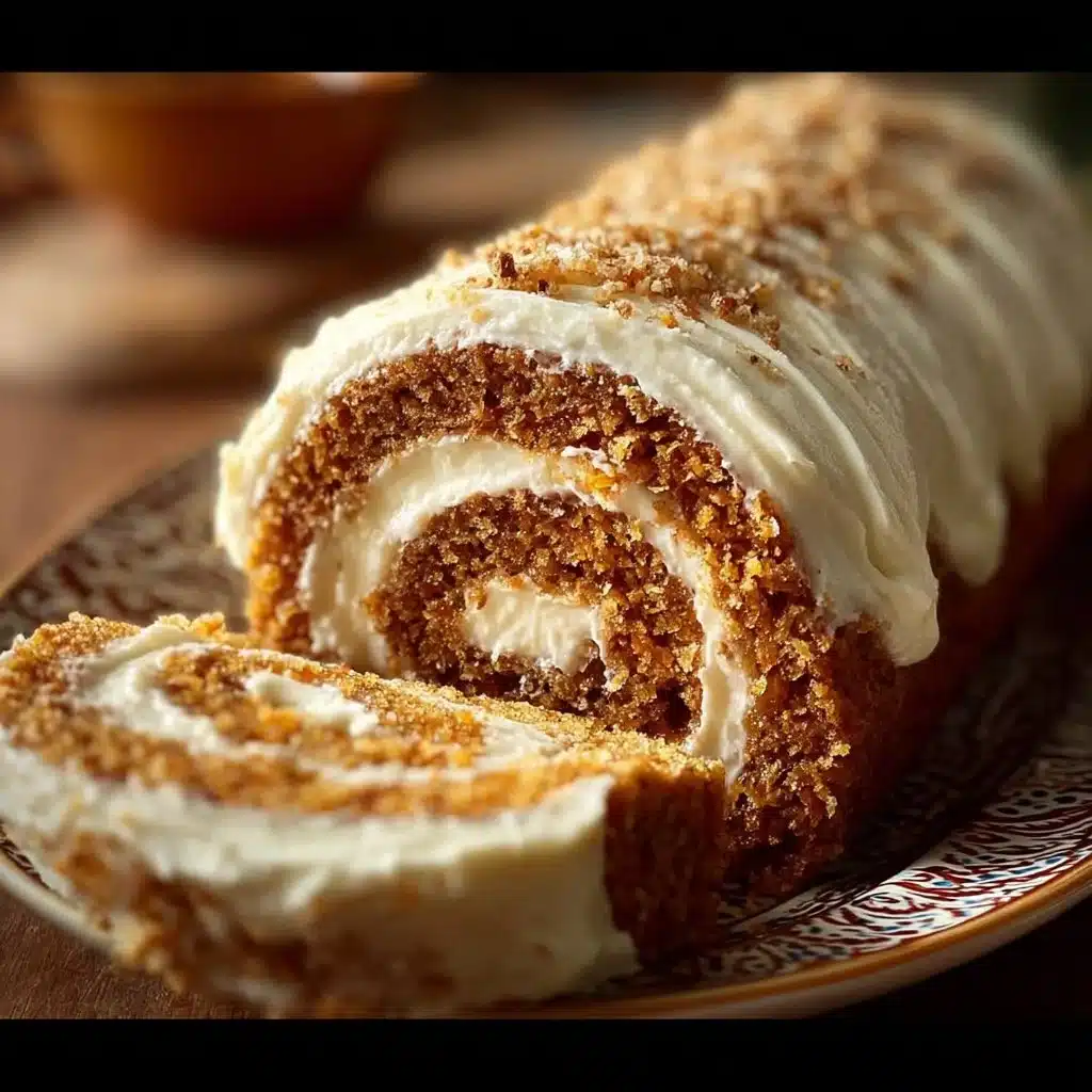 Delicious carrot cake roll with cream cheese frosting on a plate
