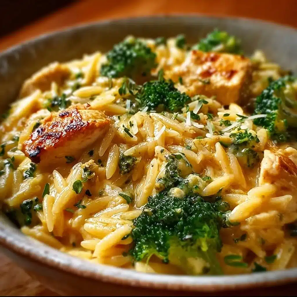 Delicious Cheesy Chicken Broccoli Orzo served in a bowl with fresh herbs