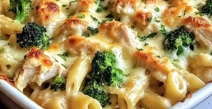 Delicious Chicken Alfredo Pasta Bake topped with cheese and herbs.
