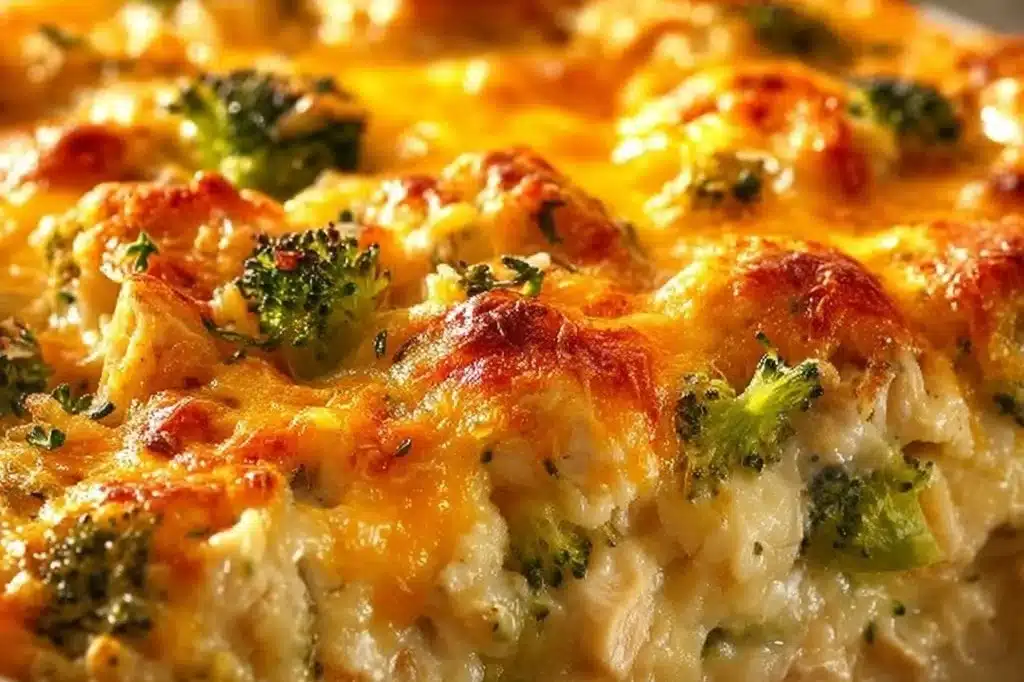 Delicious Chicken Broccoli Casserole with cheese and crunchy topping