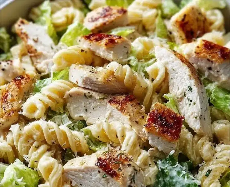 Delicious Chicken Caesar Pasta Salad with grilled chicken and Caesar dressing