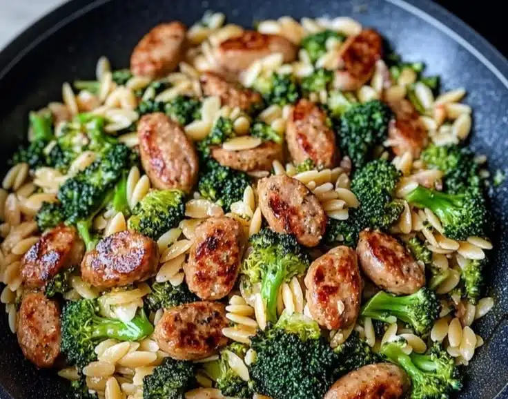 Chicken sausage, broccoli, and orzo skillet recipe with vegetables