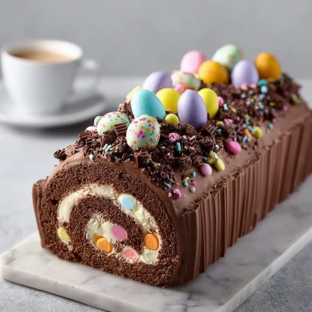 Delicious homemade Chocolate Log Cake decorated with chocolate shavings.