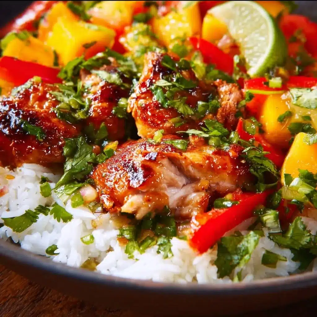 Cilantro-Lime Honey Chicken Bowls topped with Peach Salsa over Rice