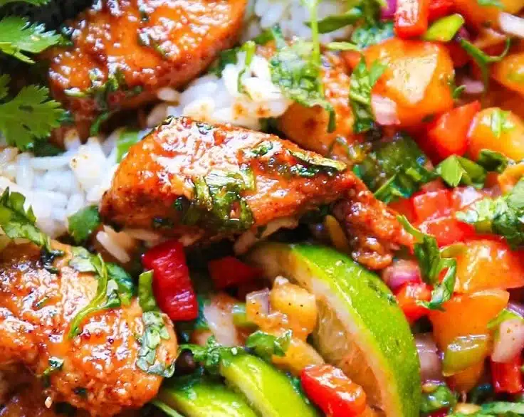 Cilantro-Lime Honey Chicken Bowls with Peach Salsa and Rice