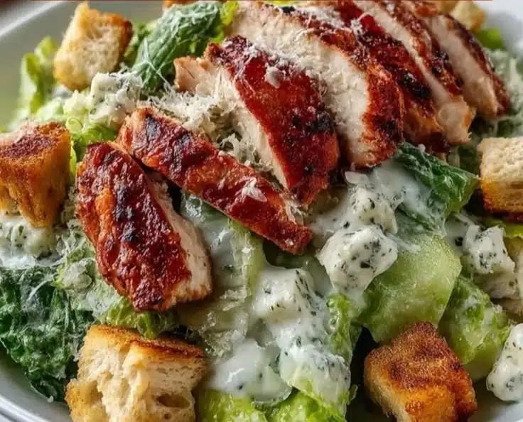 Classic Chicken Caesar Salad with grilled chicken, romaine lettuce, and Caesar dressing
