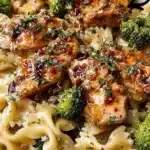 Cowboy Butter Lemon Bowtie Chicken served with broccoli on a plate