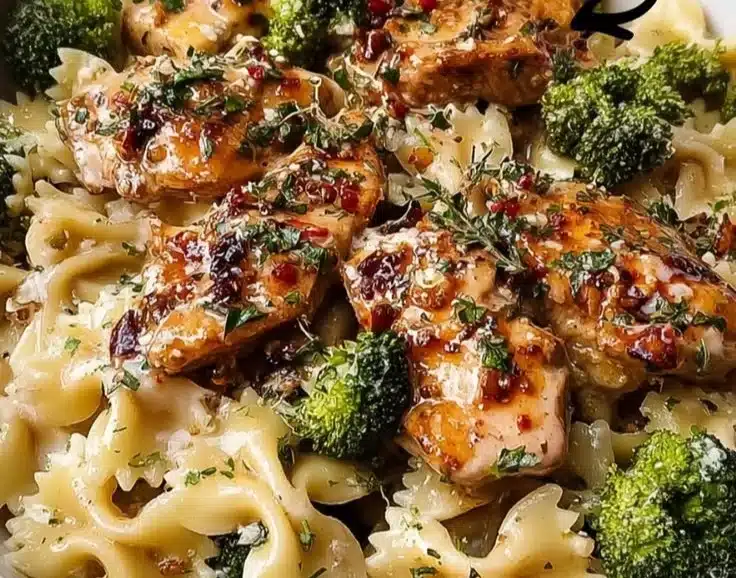 Cowboy Butter Lemon Bowtie Chicken served with broccoli on a plate