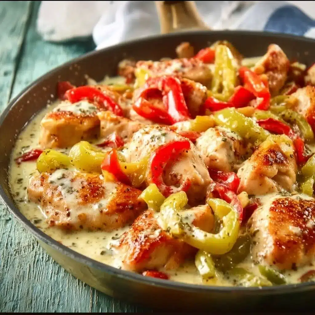 Creamy banana pepper chicken skillet dish garnished with fresh herbs
