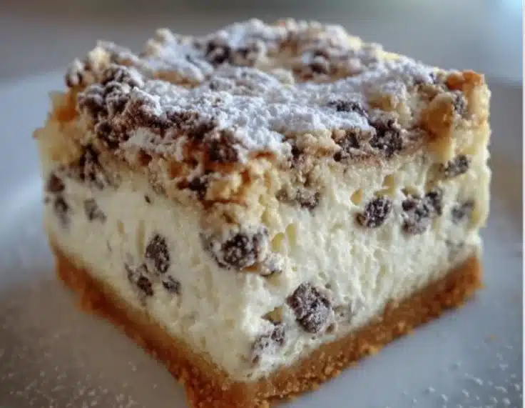 Delicious creamy cannoli cheesecake bars on a plate, topped with chocolate chips.