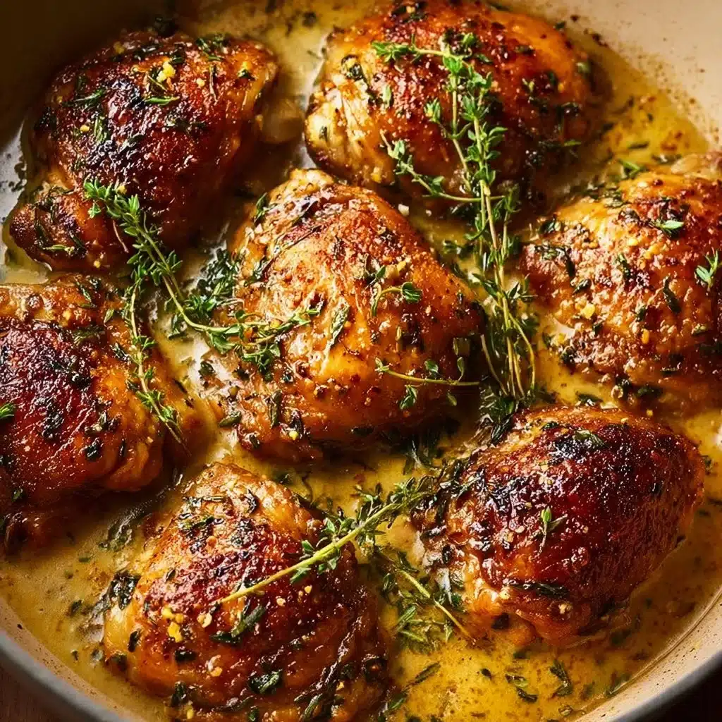 Creamy garlic chicken thighs cooked to perfection in a skillet