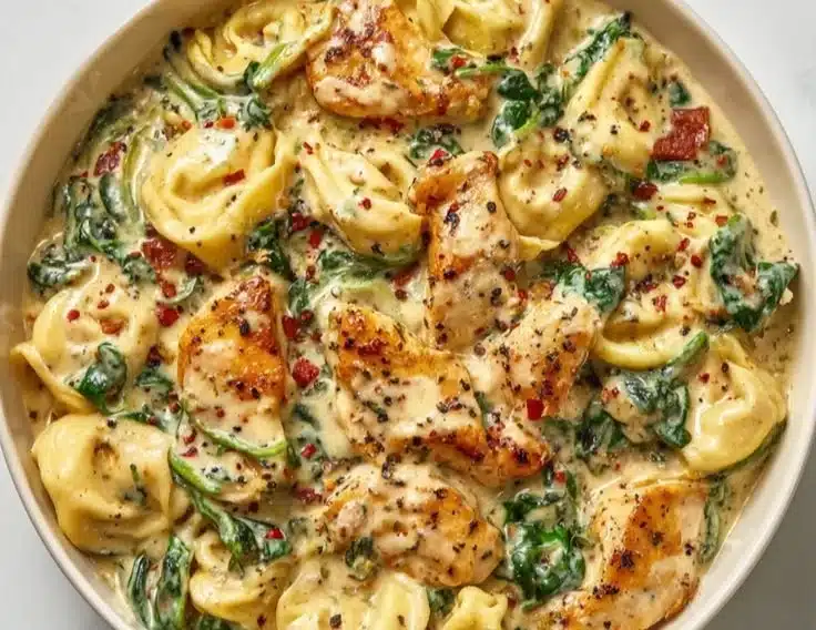 Creamy garlic chicken tortellini served in a bowl with herbs