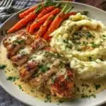 Plate of creamy herb chicken with mashed potatoes and glazed carrots