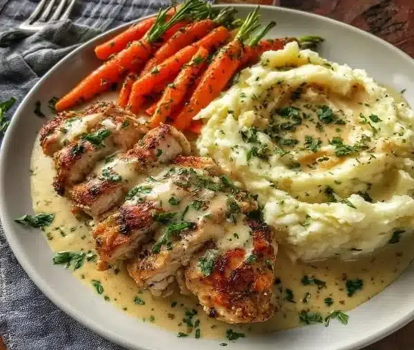 Creamy Herb Chicken with Mashed Potatoes and Glazed Carrots