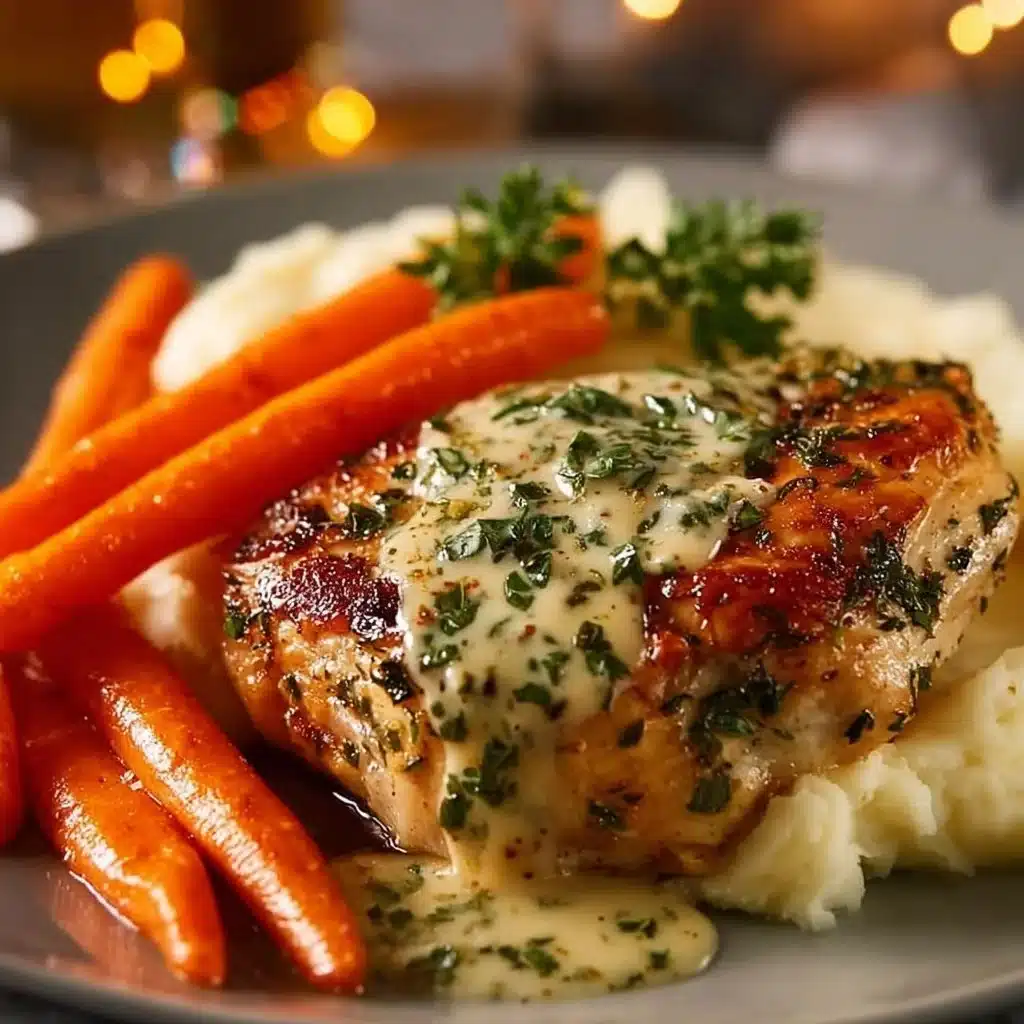 Creamy herb chicken served with mashed potatoes and honey glazed carrots