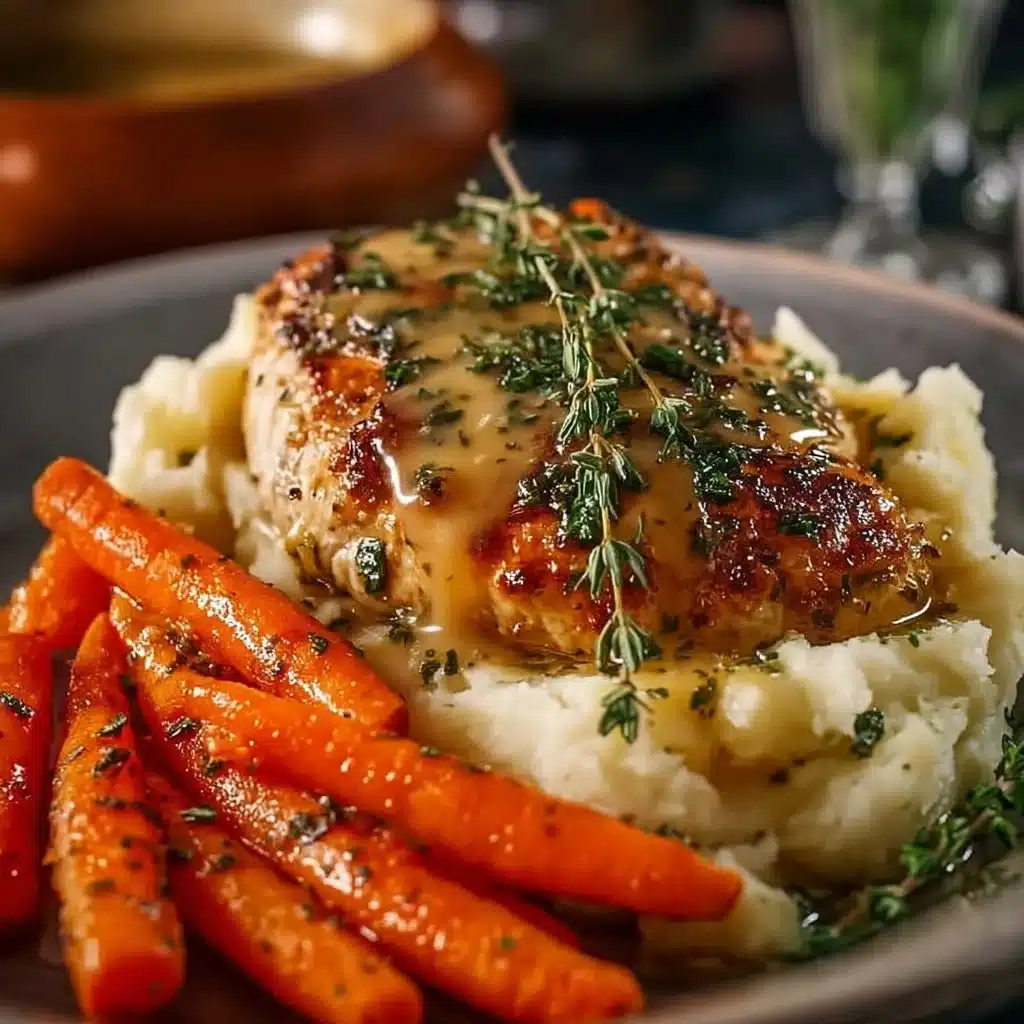 Creamy herb chicken served with mashed potatoes and honey glazed carrots.