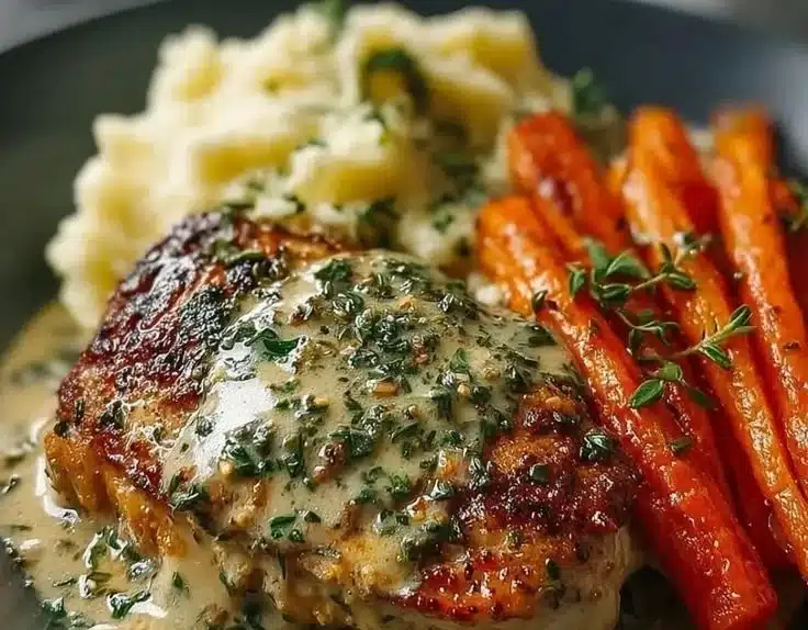 Creamy Herb Chicken with Mashed Potatoes and Honey Glazed Carrots